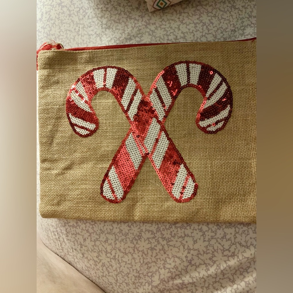 Mud Pie jute candy cane clutch